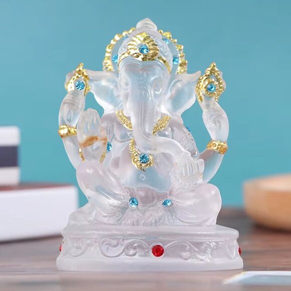 GANESH CLEAR GLAZE CRYSTAL STATUE-Bejeweled Resin Stone-4.5 in Figurine-Success - Picture 13 of 16